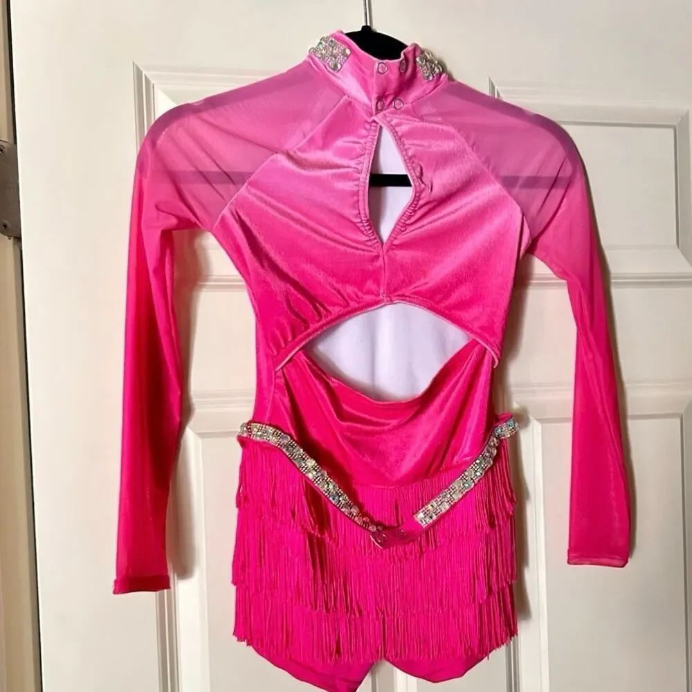 Weissman Pink Velvet Rhinestone Fringe Jazz Dance Costume Girls Medium Child - Picture 11 of 11